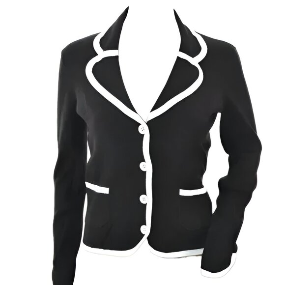 Ann Taylor Minimalist Black White Color Block Cardigan Sweater Knit Blazer S P - Picture 2 of 5